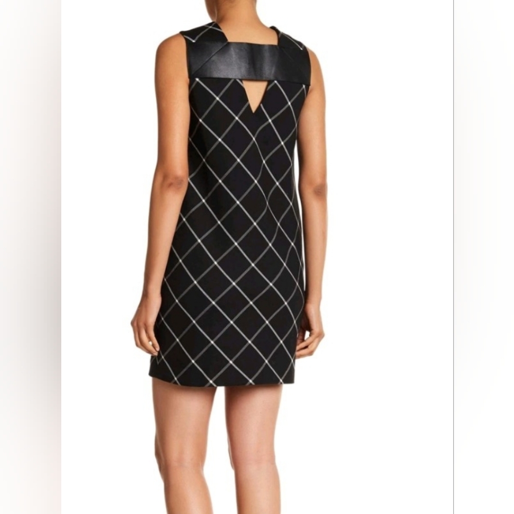 RAG & BONE Black Windowpane Print Back Leather Cut-Out Mini Shift Dress Sz 4